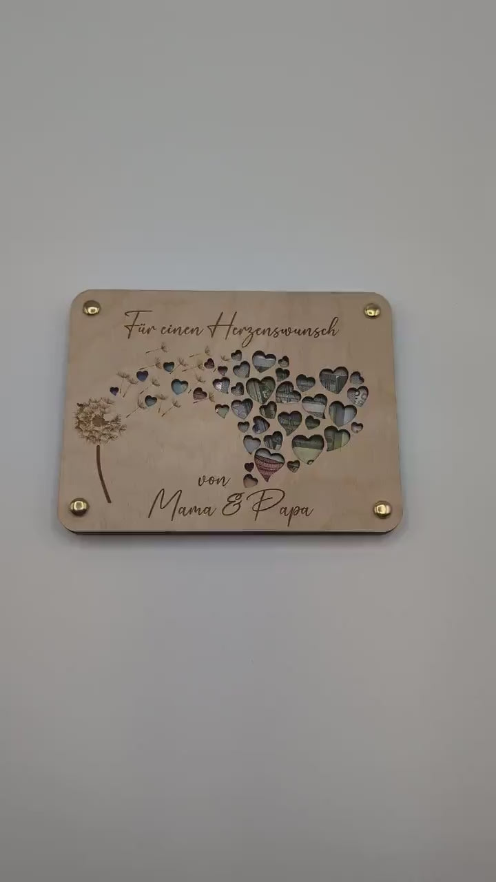Geschenkkarte aus Holz, Geldgeschenk Pusteblume, Herzen, Personalisiert, Geschenkidee für Geburtstage einen Herzenswunsch zur Hochzeit