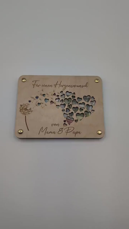 Geschenkkarte aus Holz, Geldgeschenk Pusteblume, Herzen, Personalisiert, Geschenkidee für Geburtstage einen Herzenswunsch zur Hochzeit