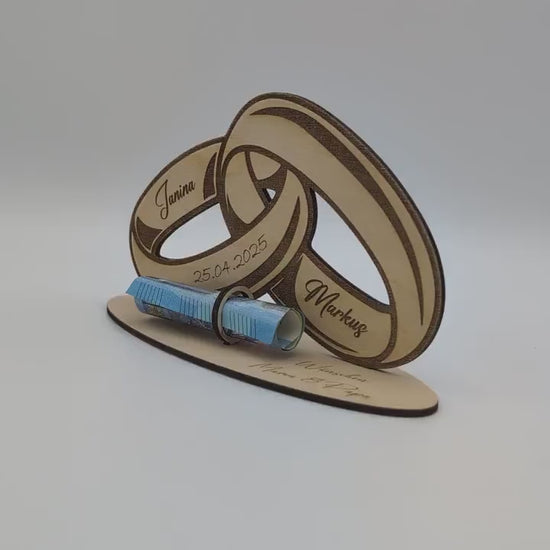 Geldgeschenk zur Hochzeit aus Holz, Hochzeitsgeschenk personalisiert für das Brautpaar, Glückwünsche für das Ehepaar mit Gravur