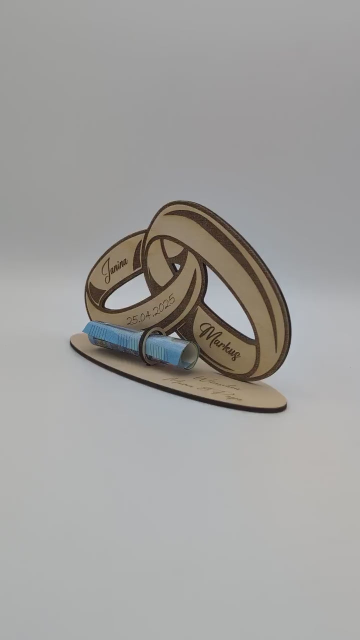 Geldgeschenk zur Hochzeit aus Holz, Hochzeitsgeschenk personalisiert für das Brautpaar, Glückwünsche für das Ehepaar mit Gravur