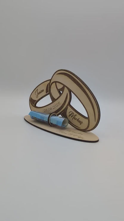 Geldgeschenk zur Hochzeit aus Holz, Hochzeitsgeschenk personalisiert für das Brautpaar, Glückwünsche für das Ehepaar mit Gravur