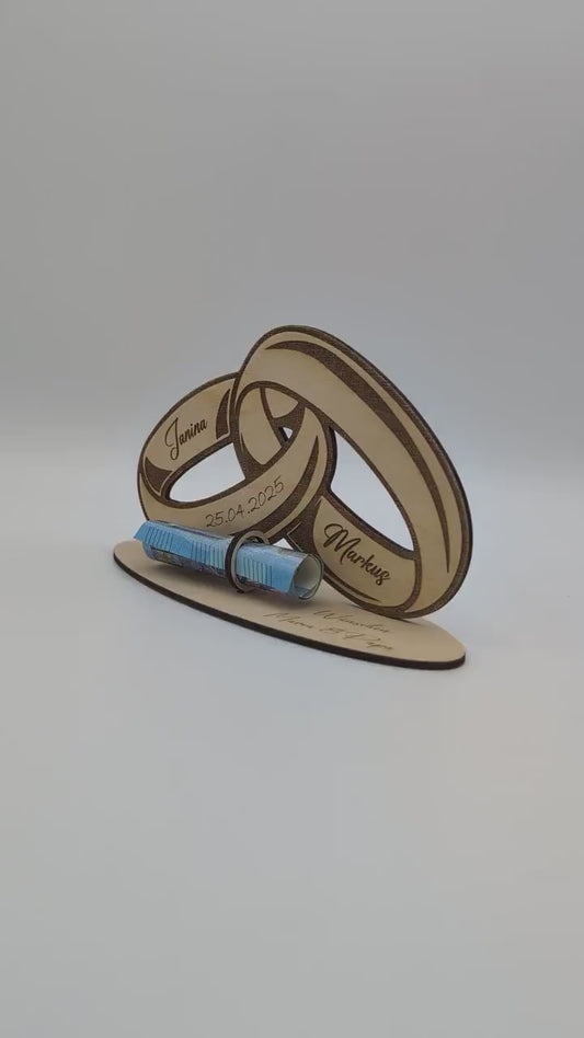 Geldgeschenk zur Hochzeit aus Holz, Hochzeitsgeschenk personalisiert für das Brautpaar, Glückwünsche für das Ehepaar mit Gravur